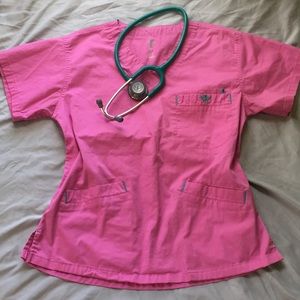 Med Couture pink and teal scrub top